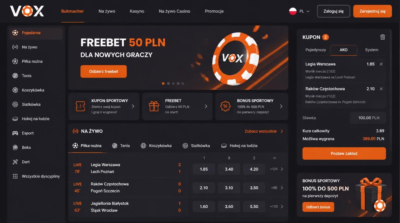 Bukmacher z kuponem sportowym i bonusem w kolorach Vox Casino.