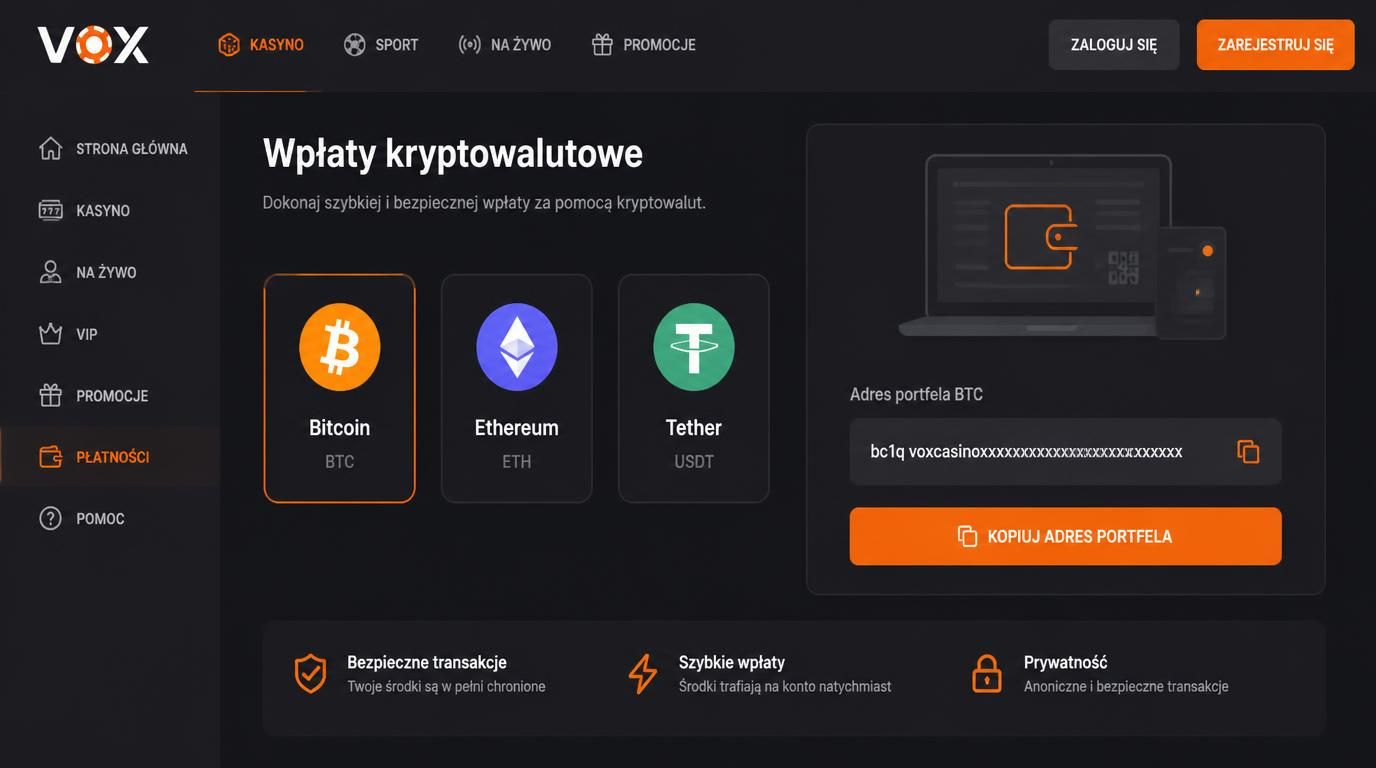 Ikony kryptowalut i portfela, tekst „Wpłaty kryptowalutowe”