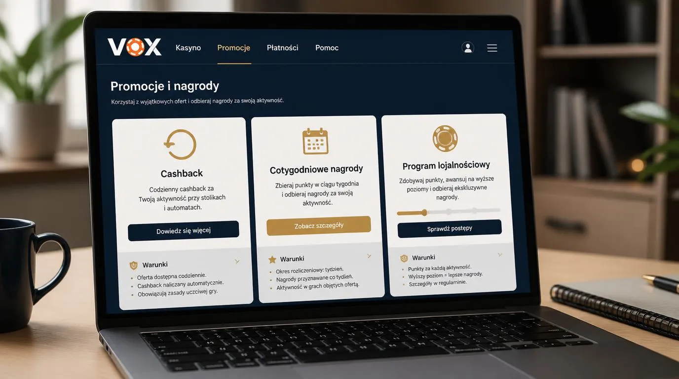 Panel promocji kasyna z kartami cashbacku, nagród tygodniowych i programu lojalnościowego