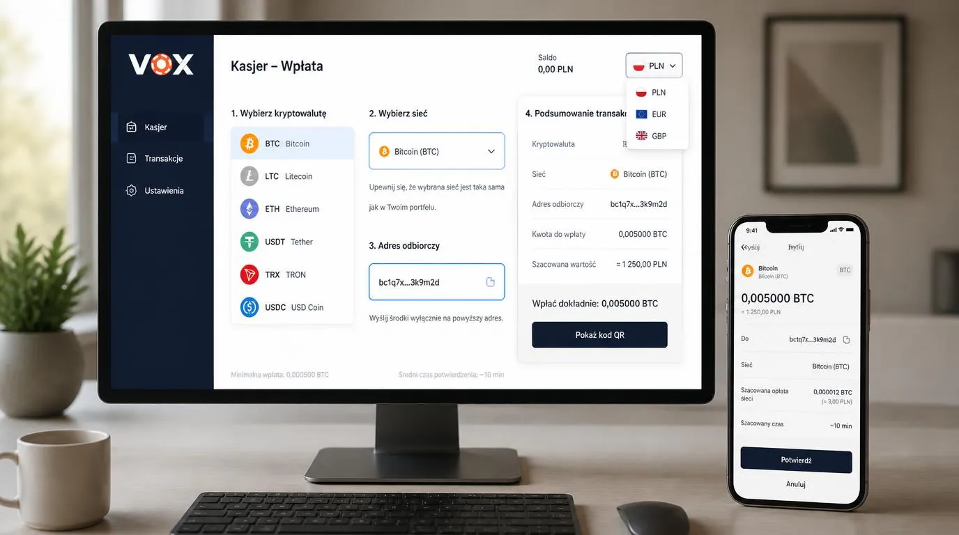 Panel kasy z wyborem kryptowaluty, waluty konta PLN i kontrolą sieci przed zatwierdzeniem transferu