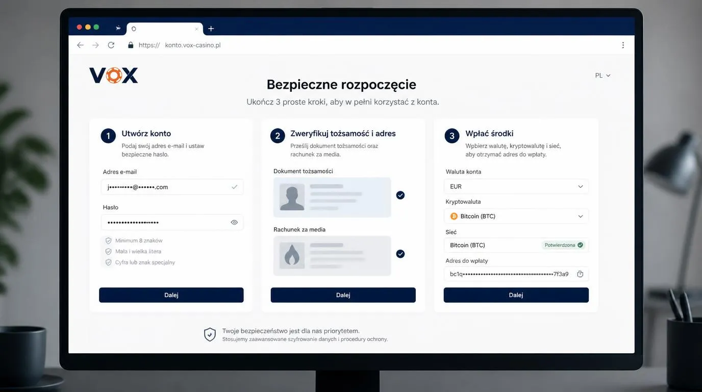 Panel rejestracji, przesyłania dokumentów KYC i wpłaty kryptowalutowej z wyborem waluty konta