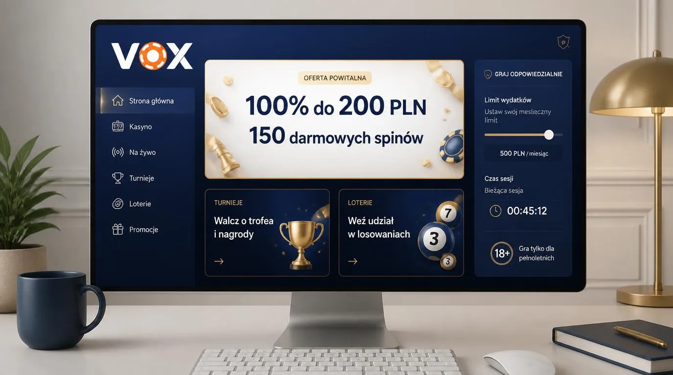 Panel oferty powitalnej z bonusem, darmowymi spinami oraz kartami turniejów i loterii
